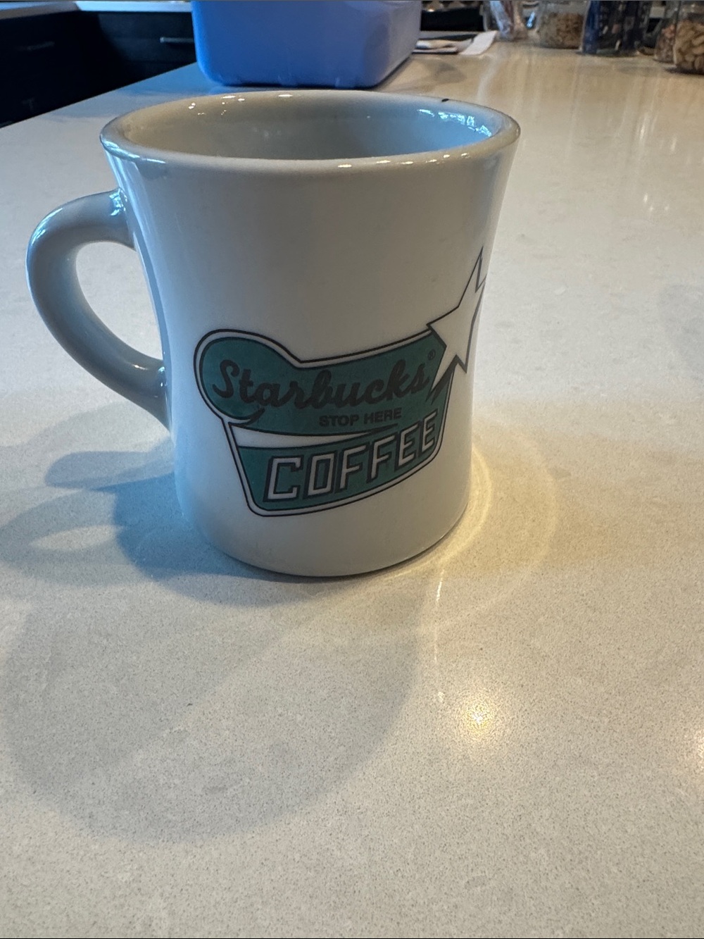 Starbucks 1990 vintage White Mug with Teal stop here Logo and Star Accent